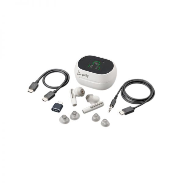 Poly Voyager Free 60+ UC Earbuds with Touchscreen Charge Case (White Sand, BT700C) - Image 4